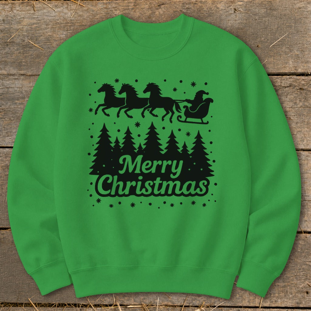 Green sweatshirt with black Christmas trees, Santa's sleigh with horses, and "Merry Christmas".
