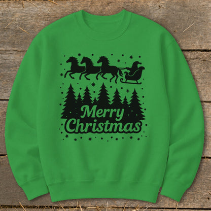 Green sweatshirt with black Christmas trees, Santa's sleigh with horses, and "Merry Christmas".