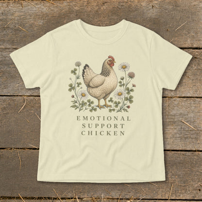Cream t-shirt with a hen illustration and text "EMOTIONAL SUPPORT CHICKEN".