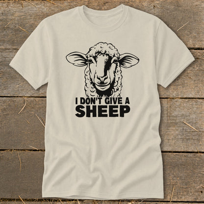 T-shirt with a black graphic of a sheep's head and the text "I DON'T GIVE A SHEEP."