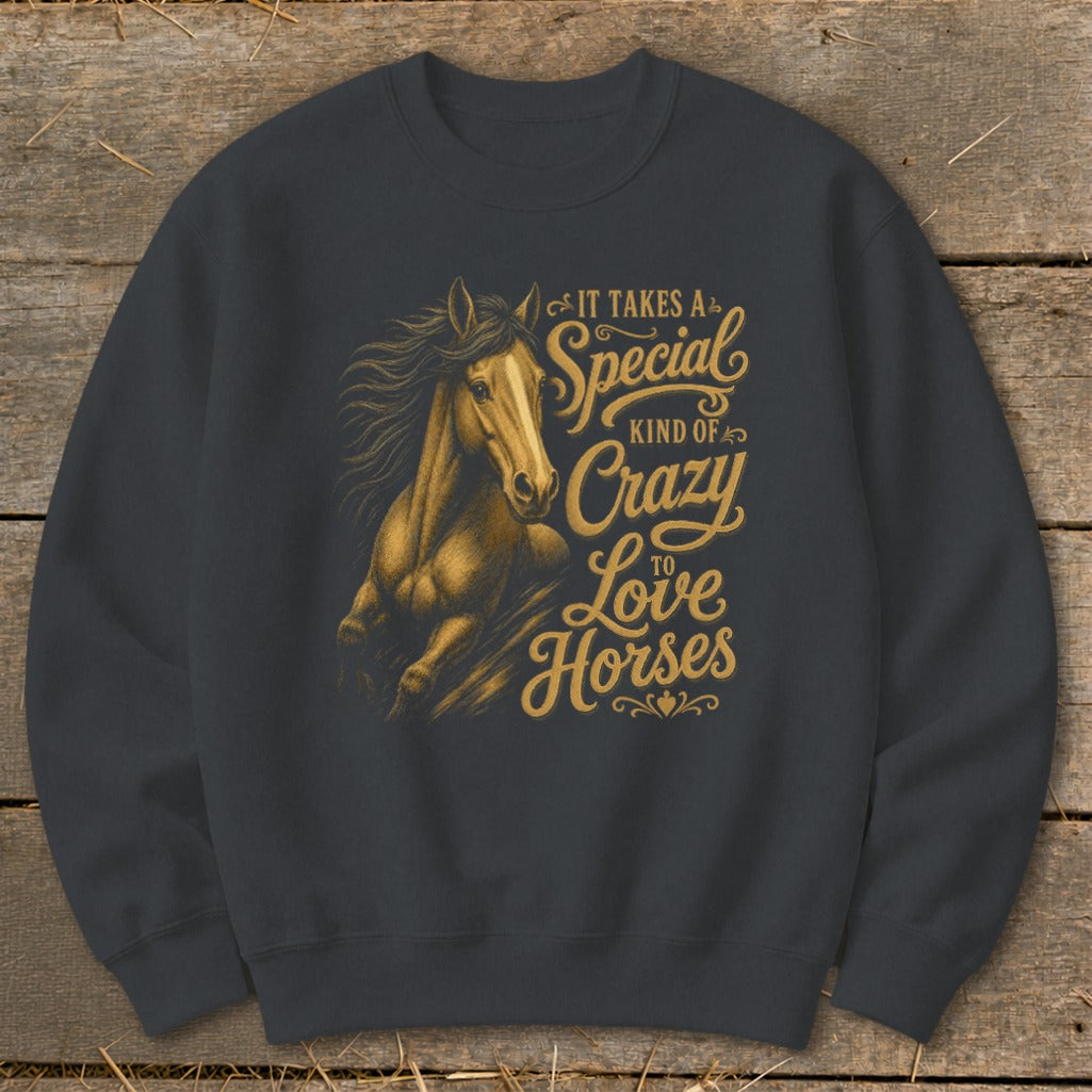 Dark gray sweatshirt with a galloping horse and text "It Takes a Special Kind of Crazy to Love Horses".