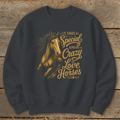 Dark gray sweatshirt with a galloping horse and text "It Takes a Special Kind of Crazy to Love Horses".
