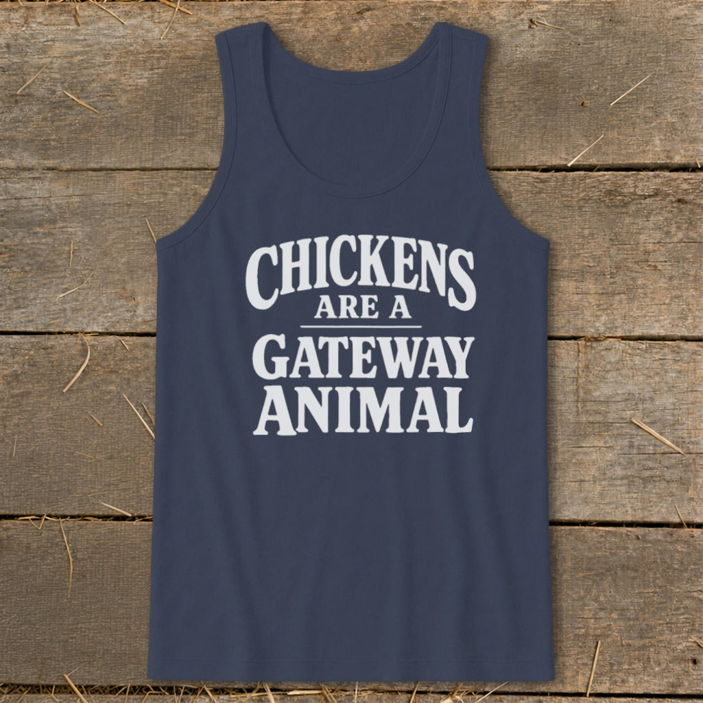 Navy tank top with white text: "Chickens are a gateway animal."