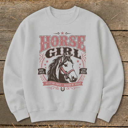 White sweatshirt with "Horse Girl" graphic featuring a horse head, stars, and text.