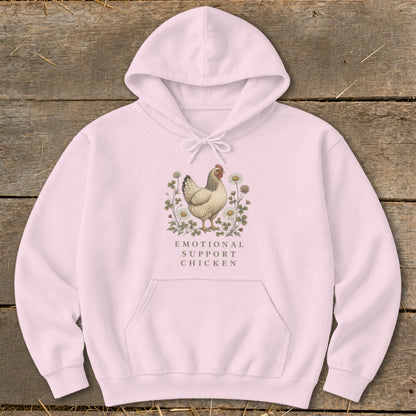 Pink hoodie with a chicken illustration and text "Emotional Support Chicken."