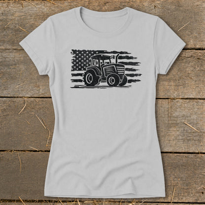 Light grey t-shirt with black graphic of a tractor in front of a distressed American flag.