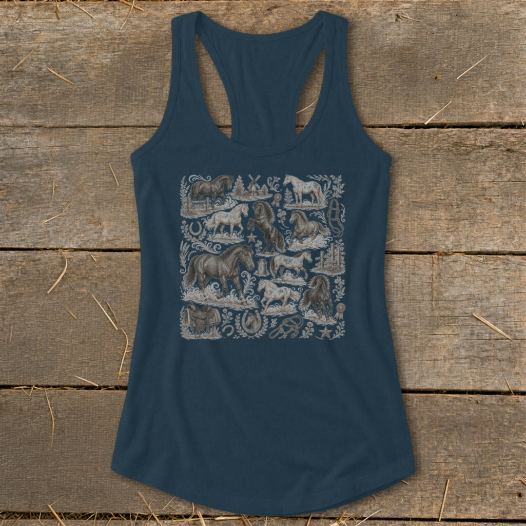 Navy tank top with a collage of detailed horse illustrations and equestrian elements.