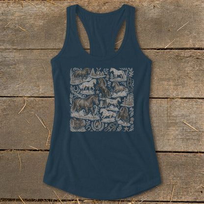 Navy tank top with a collage of detailed horse illustrations and equestrian elements.