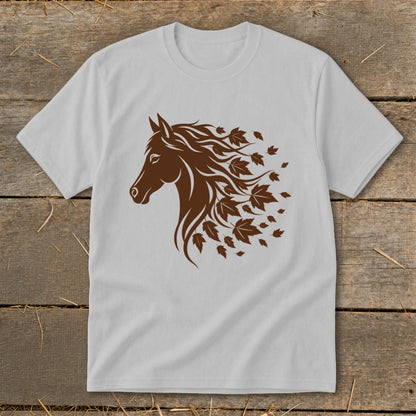 Brown horse head with flowing mane transforming into autumn leaves.