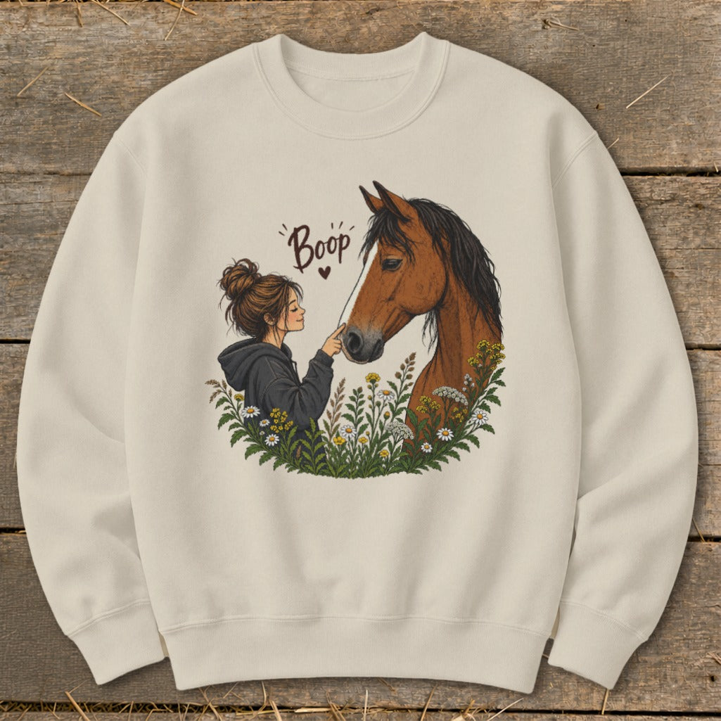 Illustration of a woman gently touching a horse's nose, with "Boop" text.