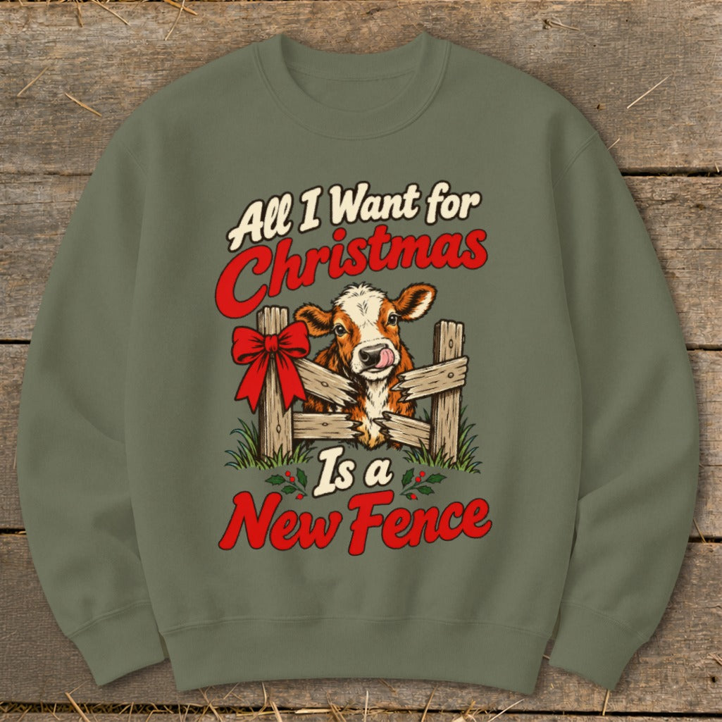 Cow peeking through a fence with text "All I Want for Christmas Is a New Fence".