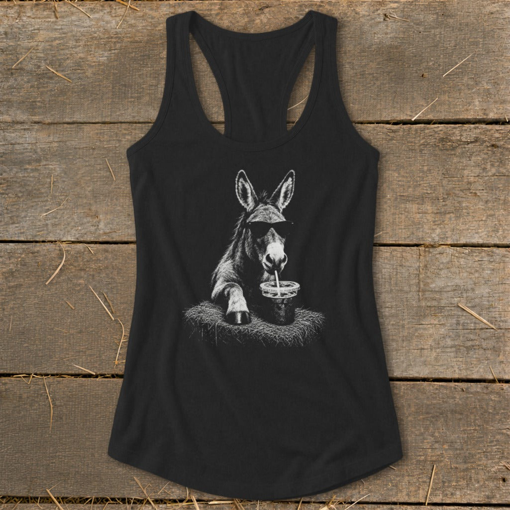 Black tank top with a graphic of a donkey wearing sunglasses drinking from a cup.