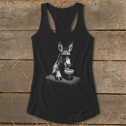 Black tank top with a graphic of a donkey wearing sunglasses drinking from a cup.