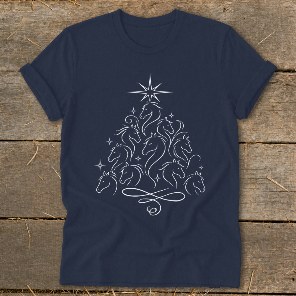 Navy t-shirt with white horse-shaped Christmas tree design.