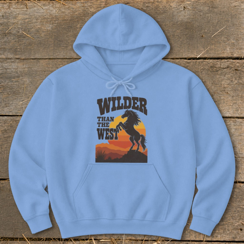 Light blue hoodie with "Wilder Than The West" text and silhouette of a rearing horse.