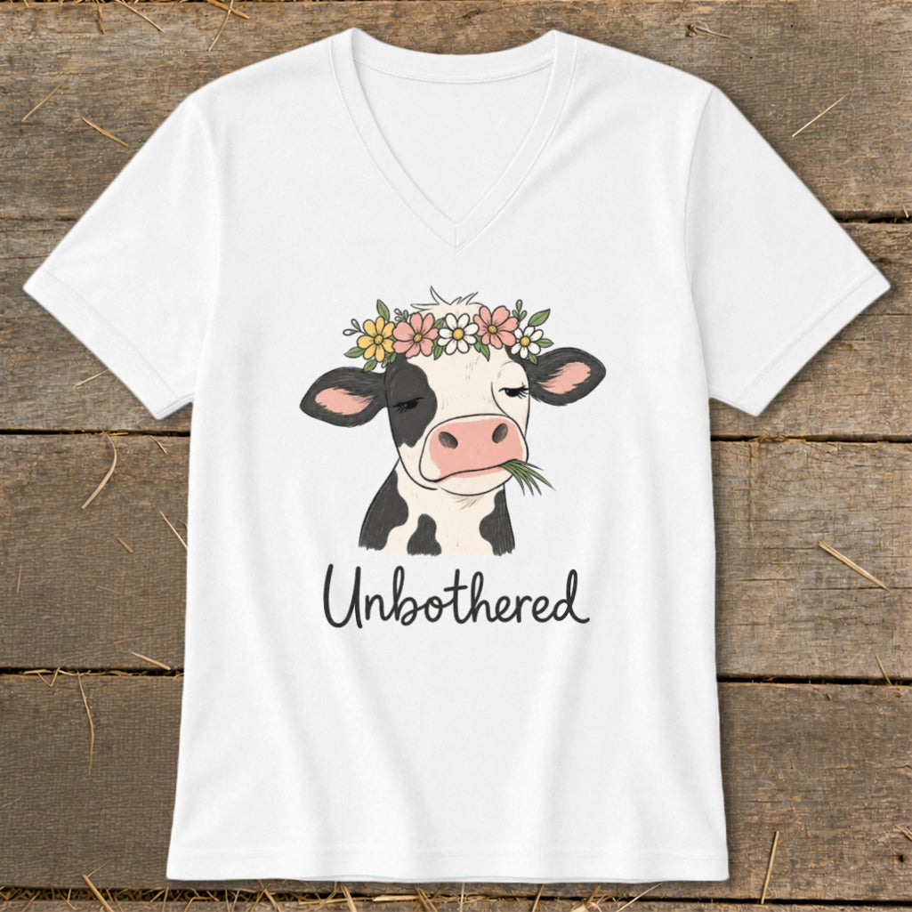 White v-neck t-shirt with a cartoon cow wearing a floral crown and the text "Unbothered."