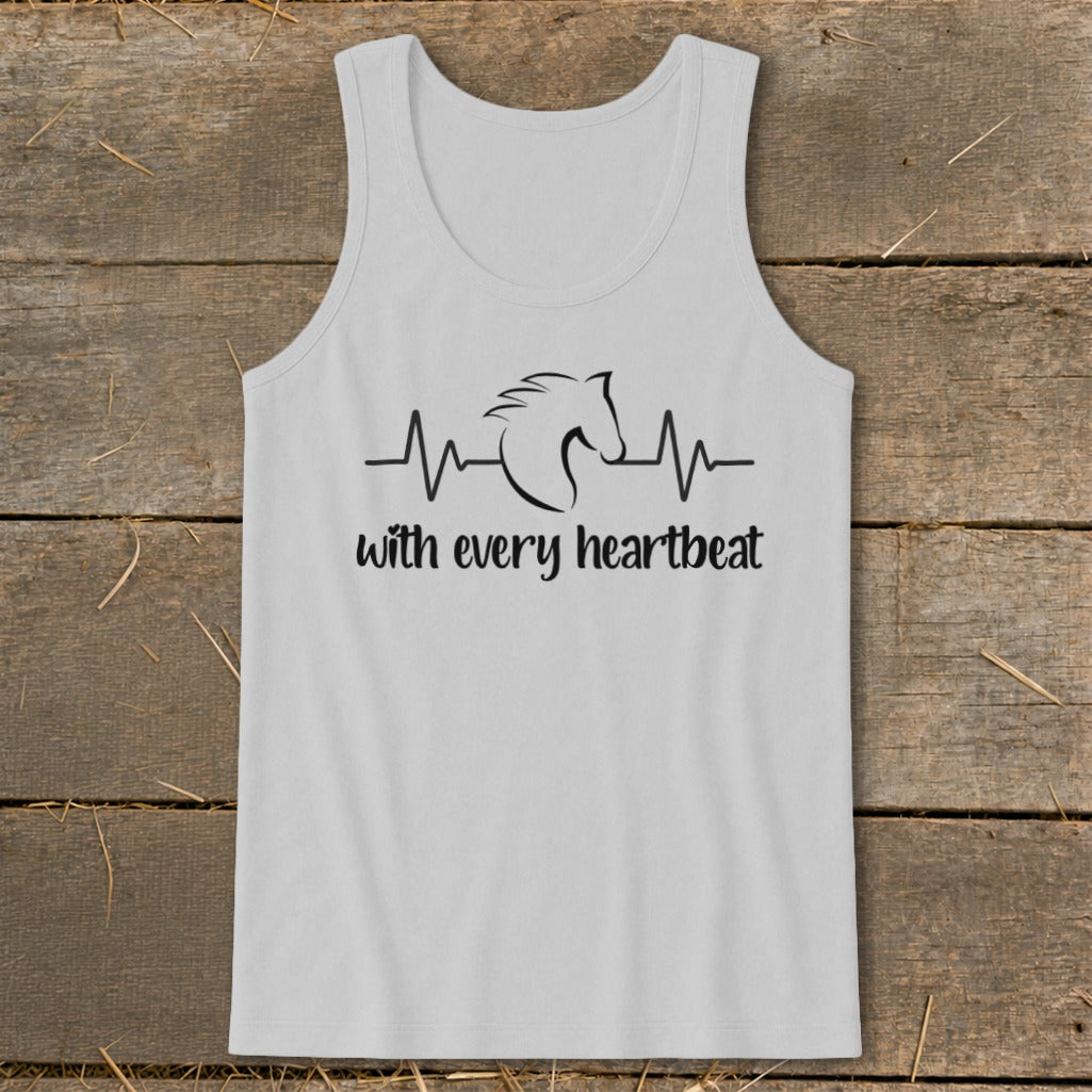 Grey tank top with horse and heartbeat graphic and text "with every heartbeat".