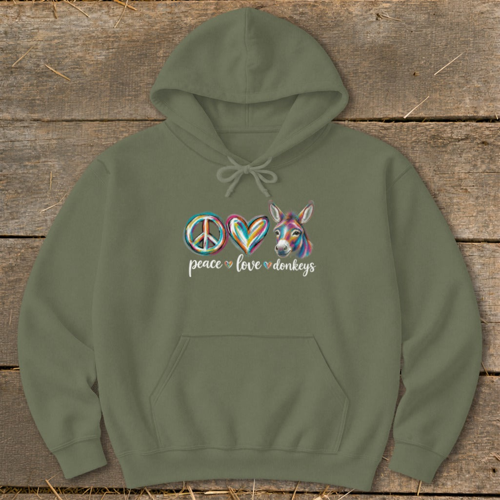 Olive green hoodie with "peace love donkeys" graphic featuring peace sign, heart, and colorful donkey.