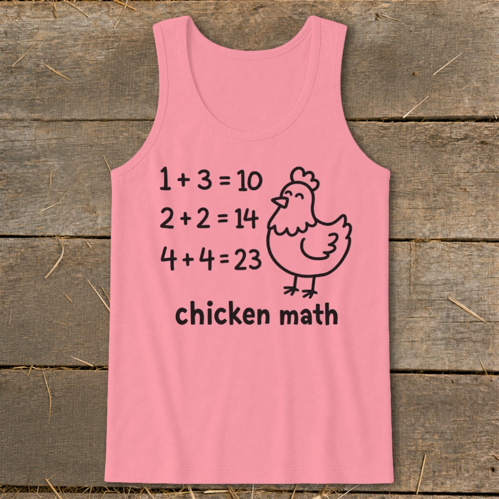 Pink tank top with a cartoon chicken and "chicken math" text with incorrect math equations.