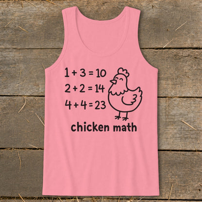 Pink tank top with a cartoon chicken and "chicken math" text with incorrect math equations.