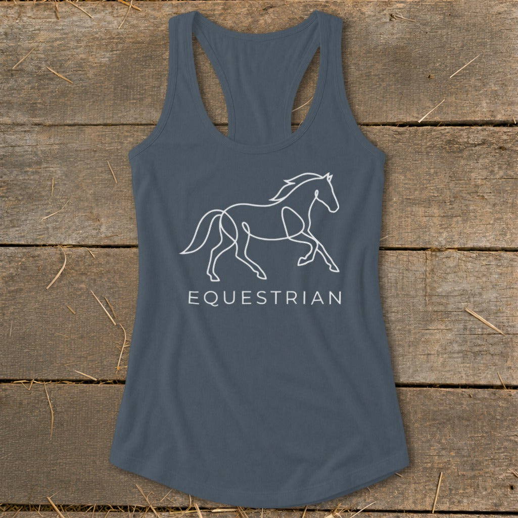 Gray tank top with white line drawing of a running horse and the word "EQUESTRIAN".