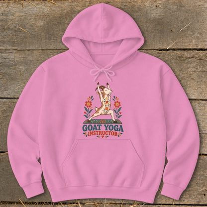 Pink hoodie with a goat doing yoga and text "GOAT YOGA INSTRUCTOR".