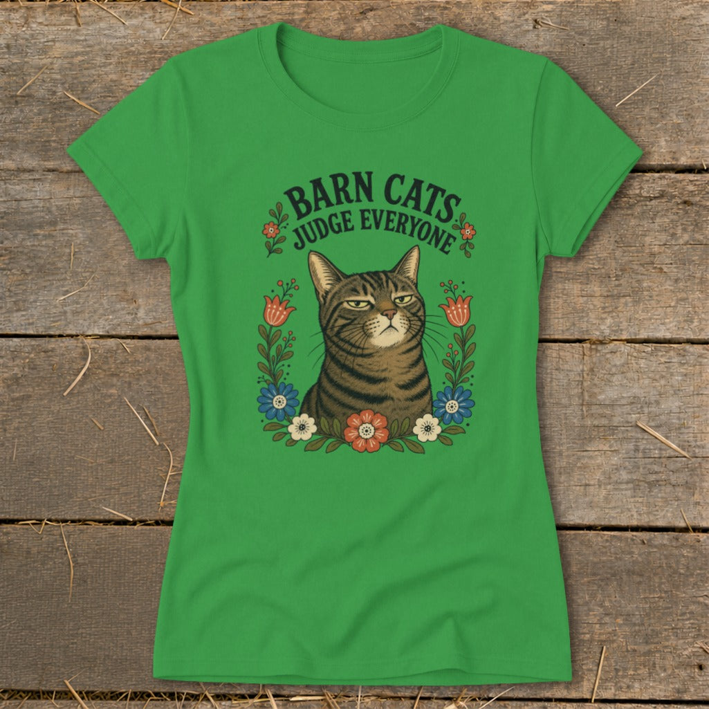 Green t-shirt with tabby cat and "Barn Cats Judge Everyone" text.