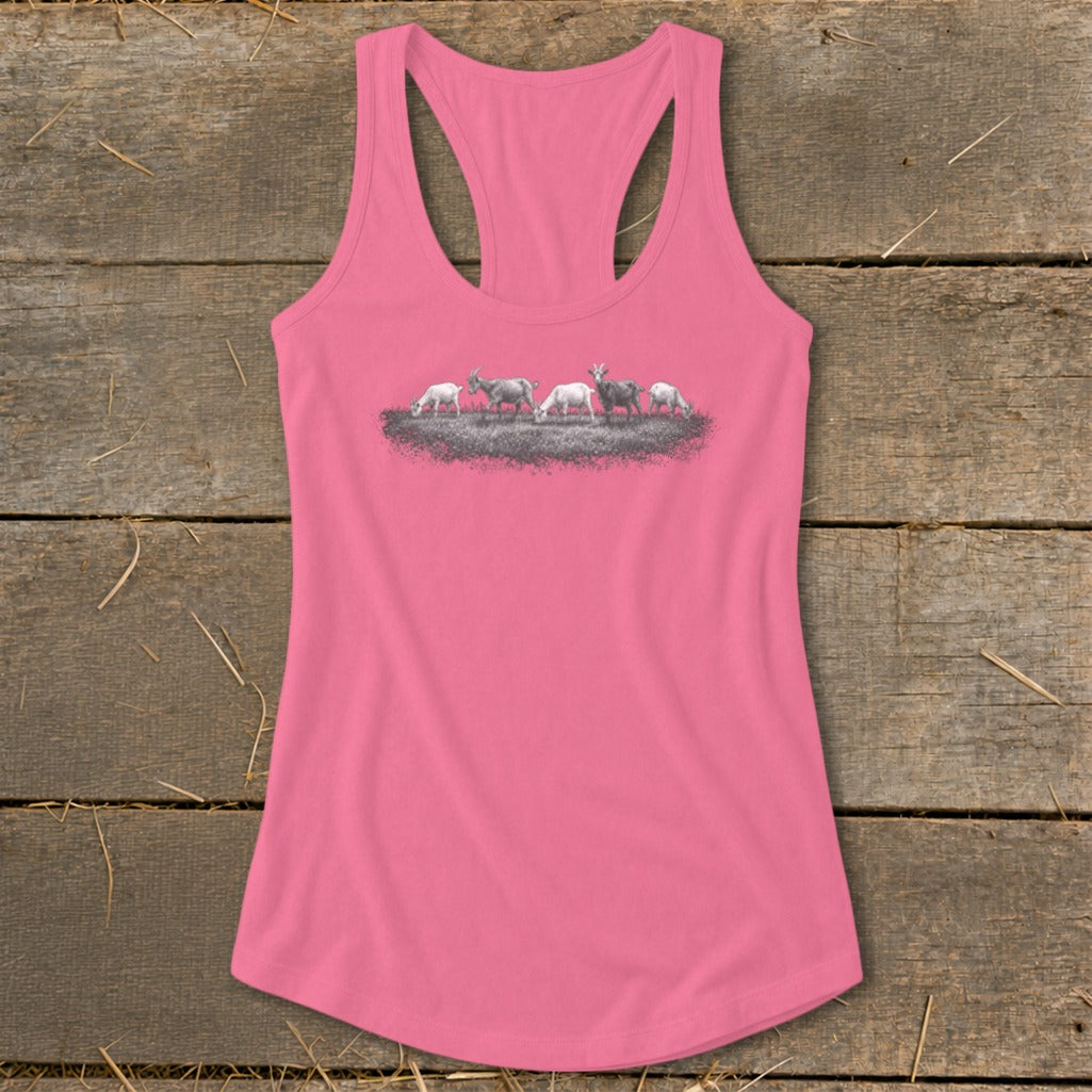 Pink tank top with a graphic of goats grazing on grass.