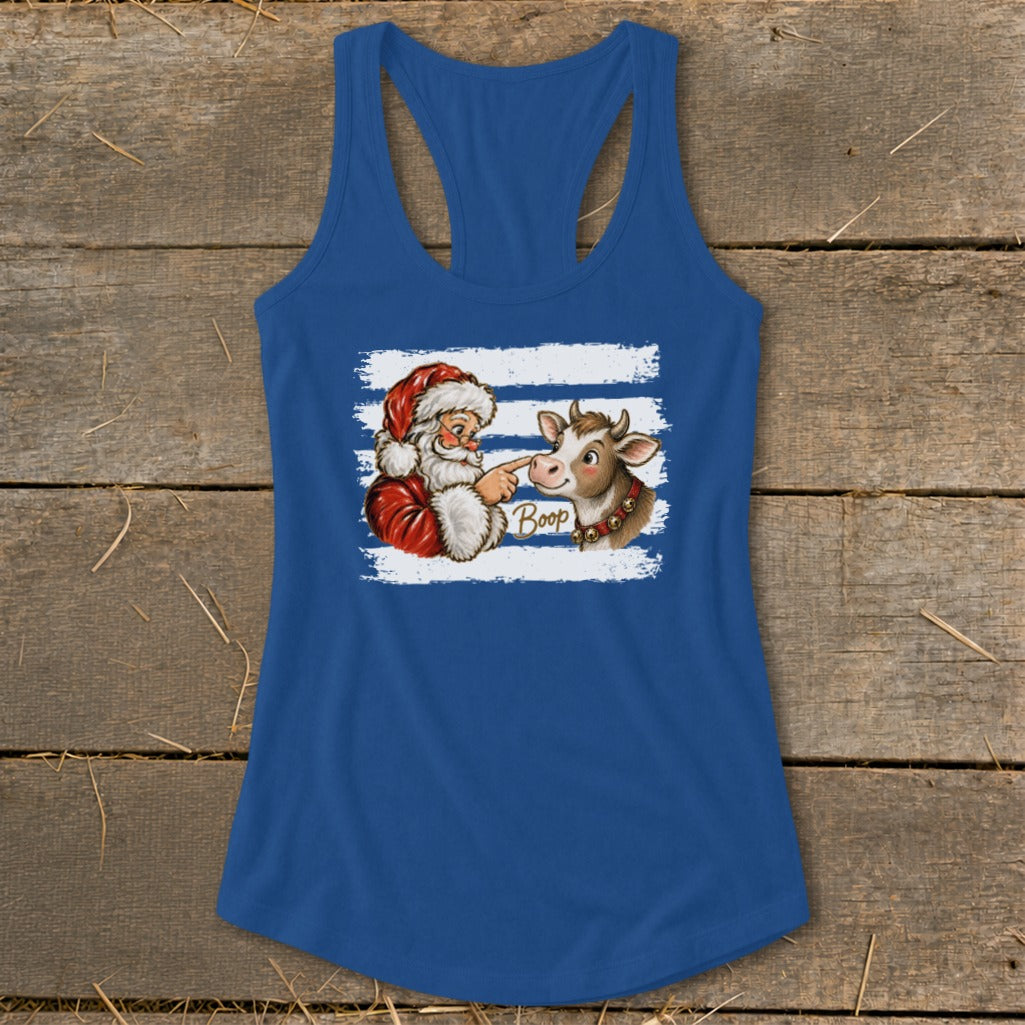 Santa booping a cow on the nose with the word "Boop" on a blue tank top.
