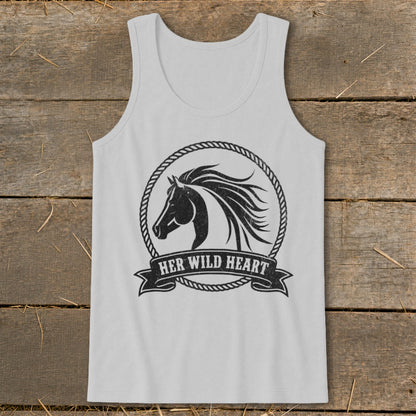 Grey tank top with distressed black horse head graphic and "HER WILD HEART" text.