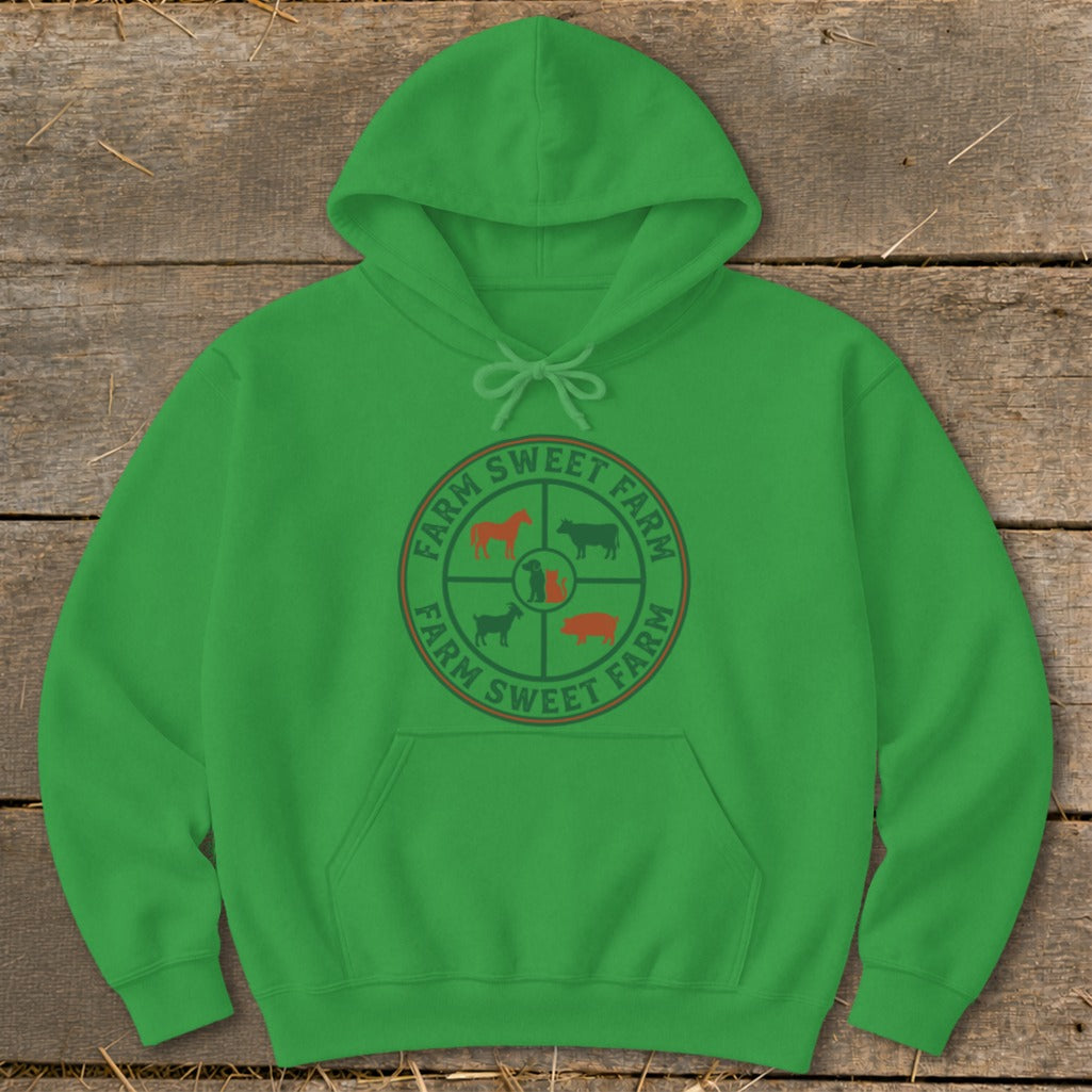 Green hoodie with circular "Farm Sweet Farm" logo featuring animal silhouettes.