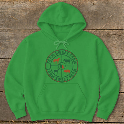 Green hoodie with circular "Farm Sweet Farm" logo featuring animal silhouettes.
