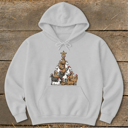 Light gray hoodie with a Christmas tree made of horses wearing Santa hats.
