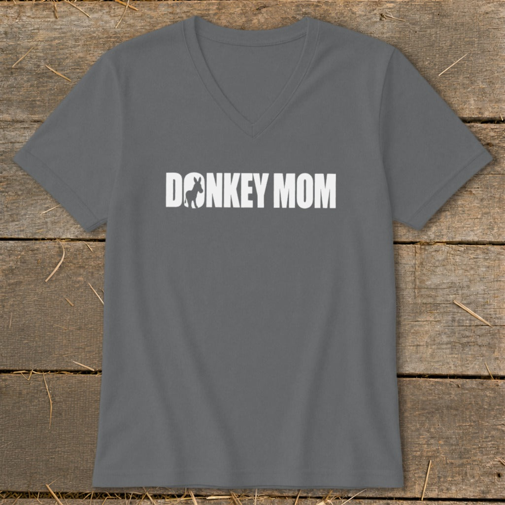 A grey V-neck t-shirt with white text reading "DONKEY MOM" and a donkey silhouette inside the letter O.