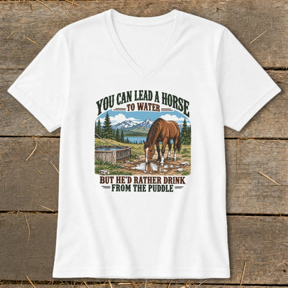 A white V-neck t-shirt featuring a graphic of a horse drinking from a puddle with humorous text.