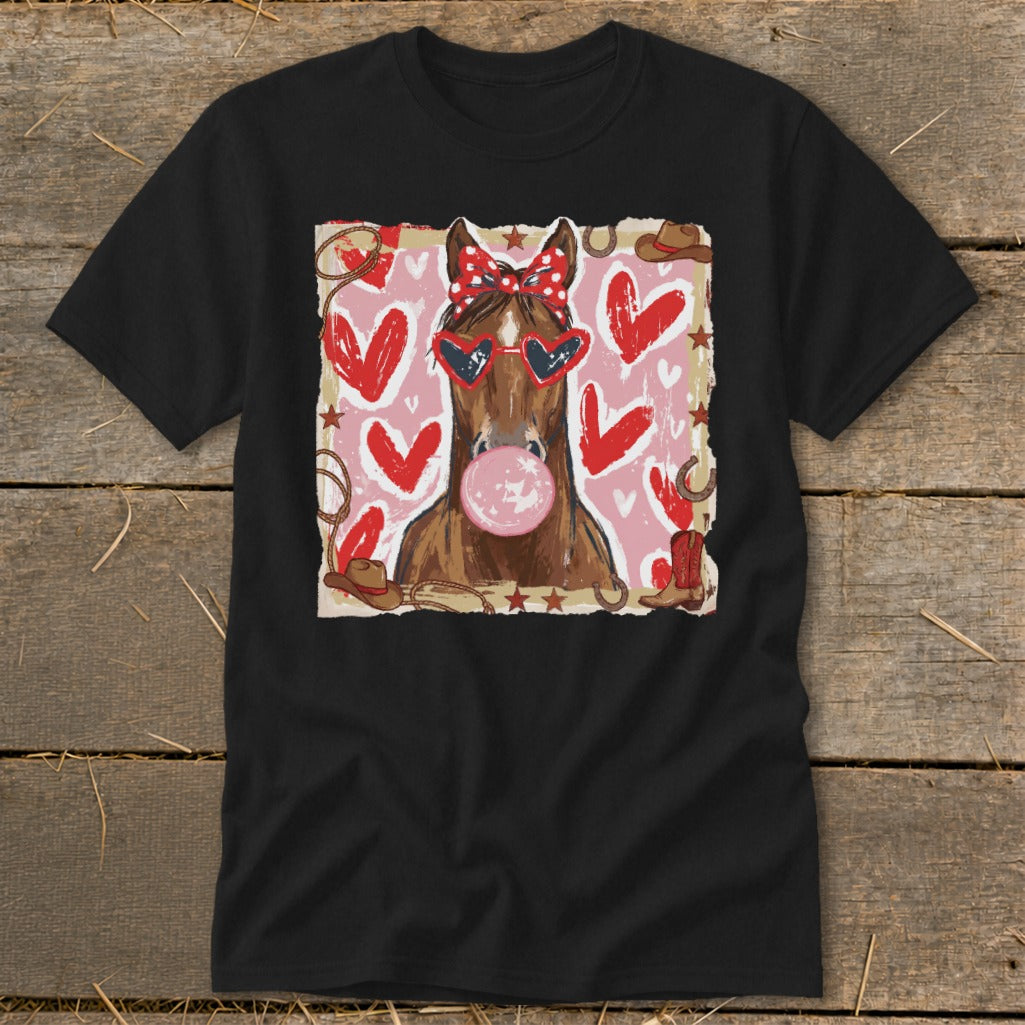 Horse wearing heart sunglasses and bandana blowing bubblegum, surrounded by hearts.