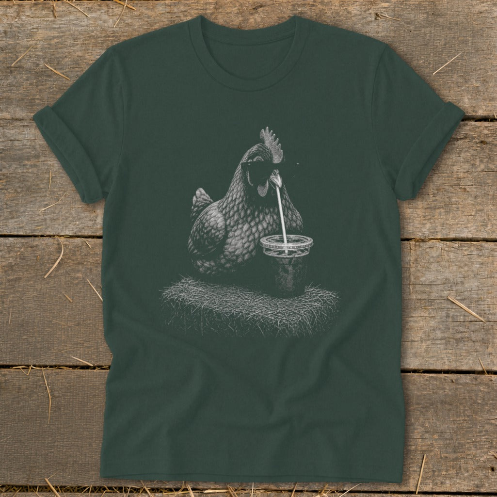 Line art of a chicken drinking from a cup with a straw, on a bed of hay.