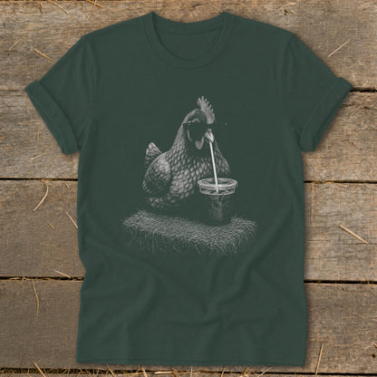 Line art of a chicken drinking from a cup with a straw, on a bed of hay.