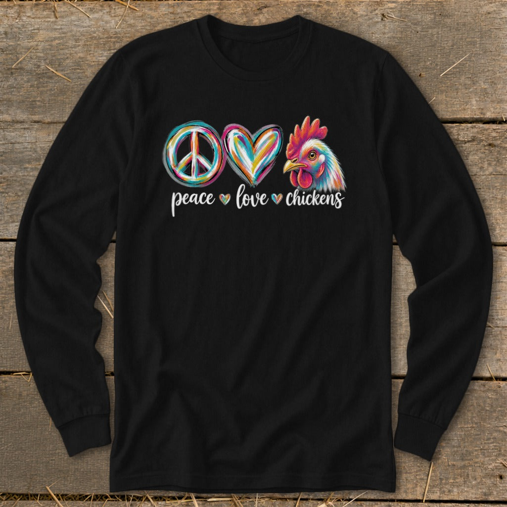 Black long-sleeve shirt with peace, love, and chicken graphic.