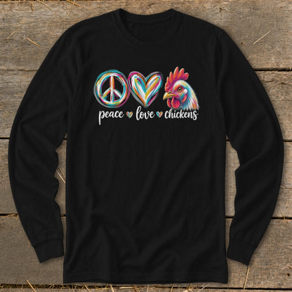 Black long-sleeve shirt with peace, love, and chicken graphic.