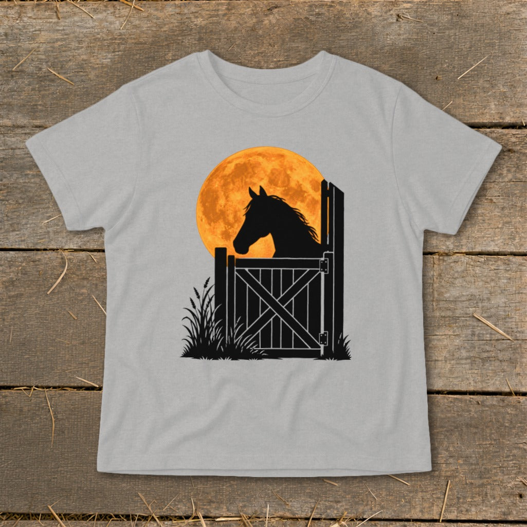 Light gray t-shirt featuring a graphic of a horse silhouette looking over a gate against a large orange moon.