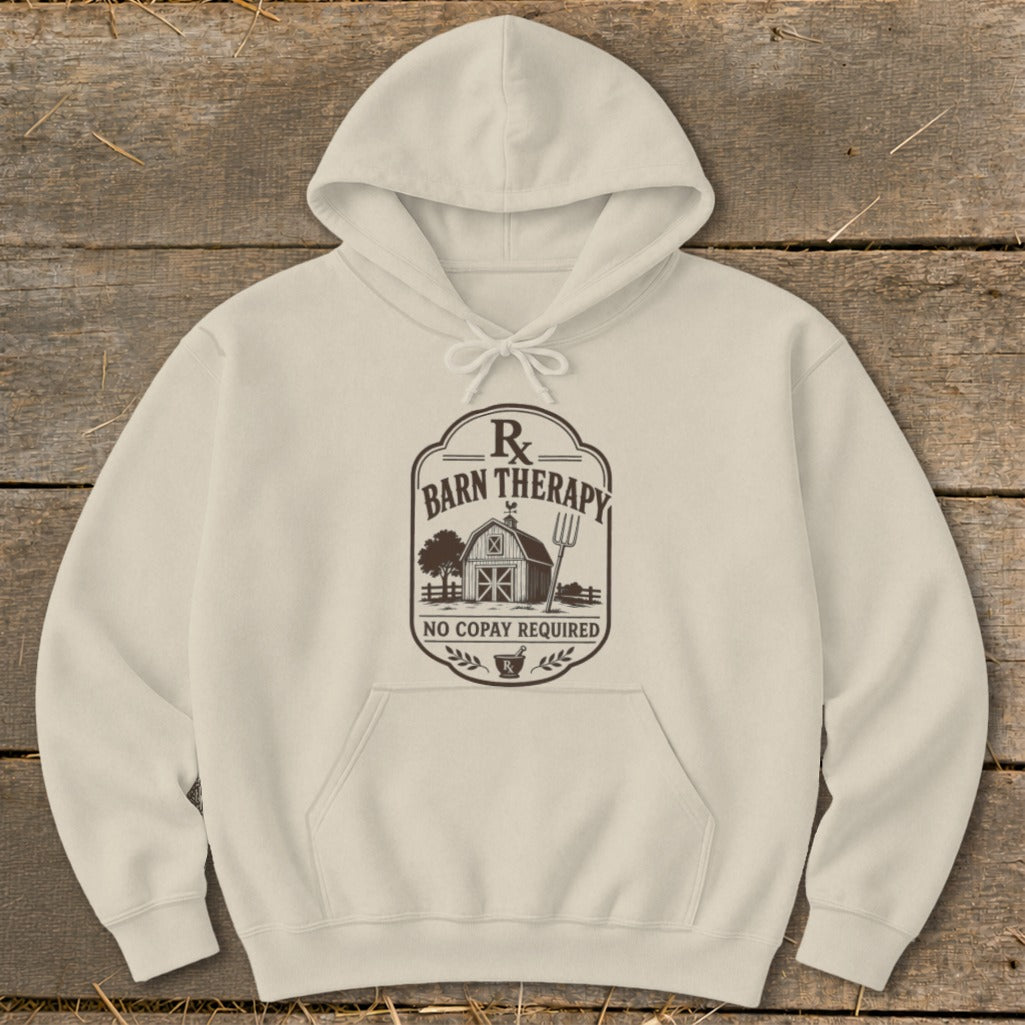 Cream hoodie with "Barn Therapy No Copay Required" text and barn graphic.
