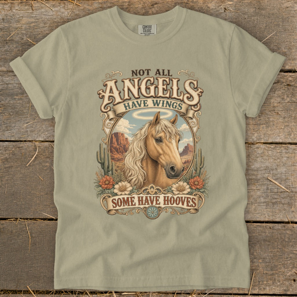 T-shirt with horse graphic and text "Not All Angels Have Wings Some Have Hooves".