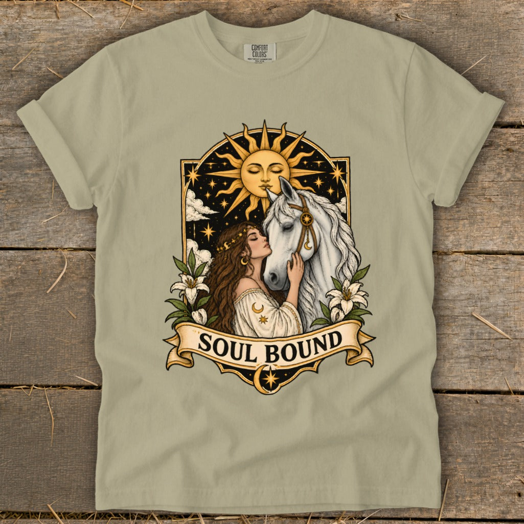 Woman kissing a horse under a sun and stars, "Soul Bound" text.