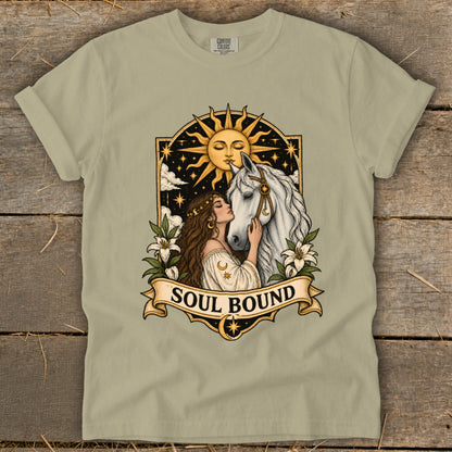 Woman kissing a horse under a sun and stars, "Soul Bound" text.