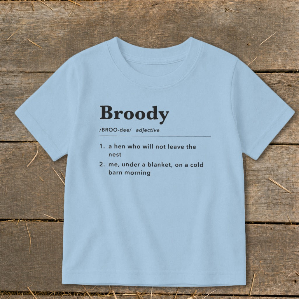 Light blue t-shirt with "Broody" definition printed in black.