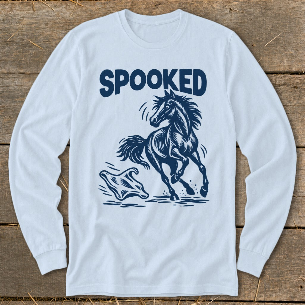 Long sleeve shirt with "SPOOKED" text and a startled horse running from a ghost.
