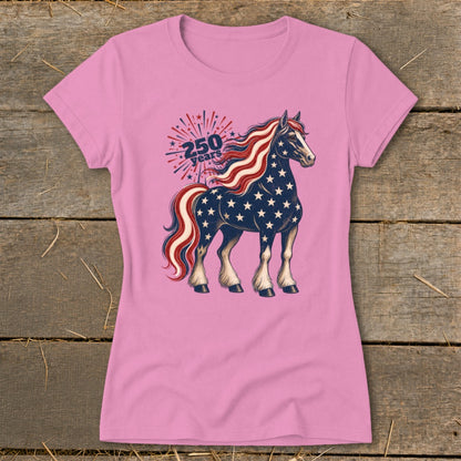 Pink t-shirt with a patriotic horse graphic and "250 years" text.