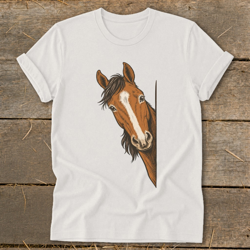 White t-shirt with a brown horse peeking around a corner illustration.
