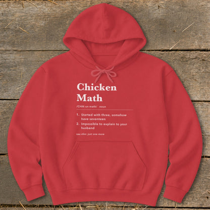 Red hoodie with "Chicken Math" definition and humorous explanation.